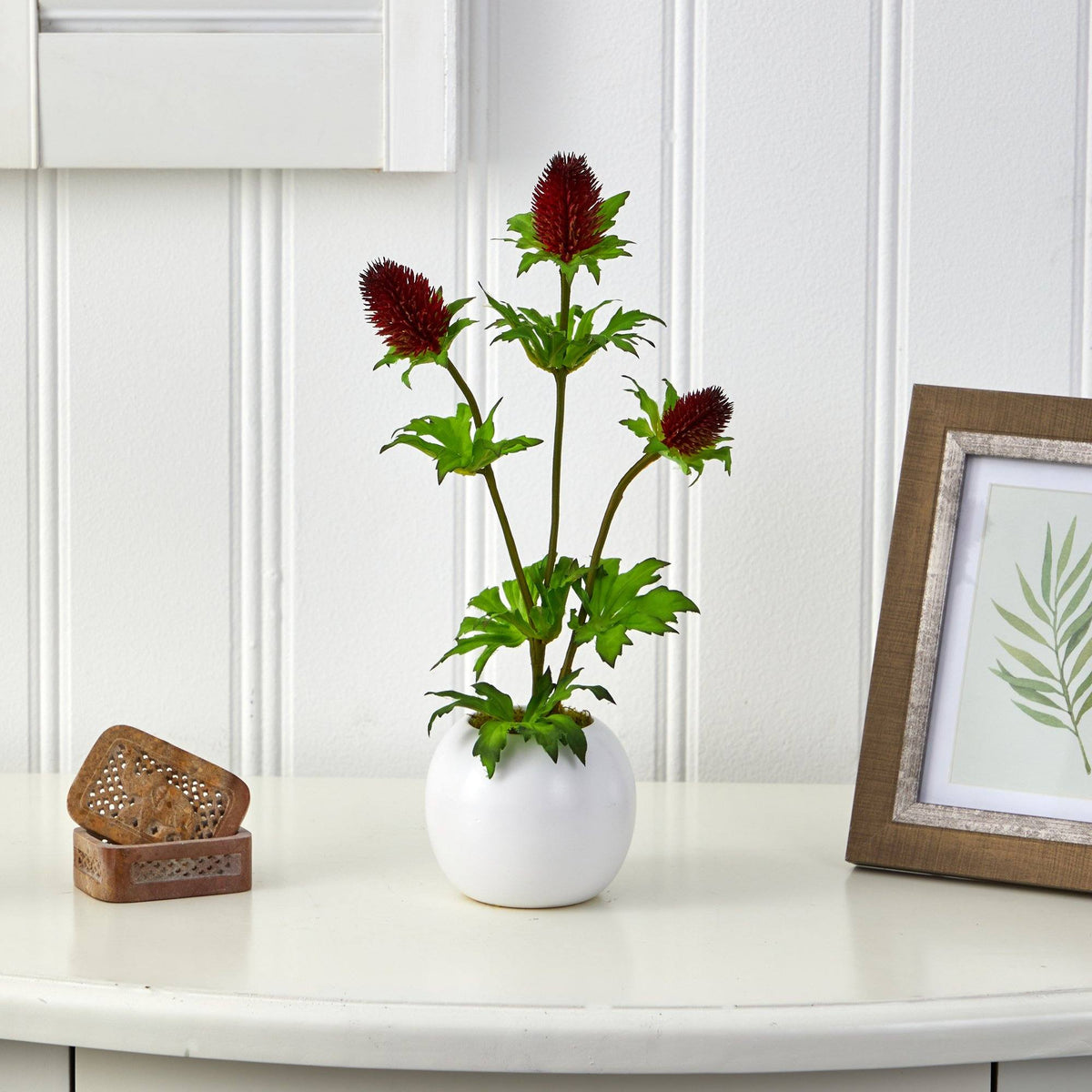 14” Thistle Artificial Arrangement in White Vase, photo 2 of 2