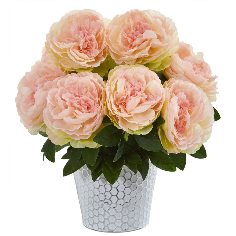 15” Peony Artificial Arrangement in Embossed White Vase, photo 2 of 2