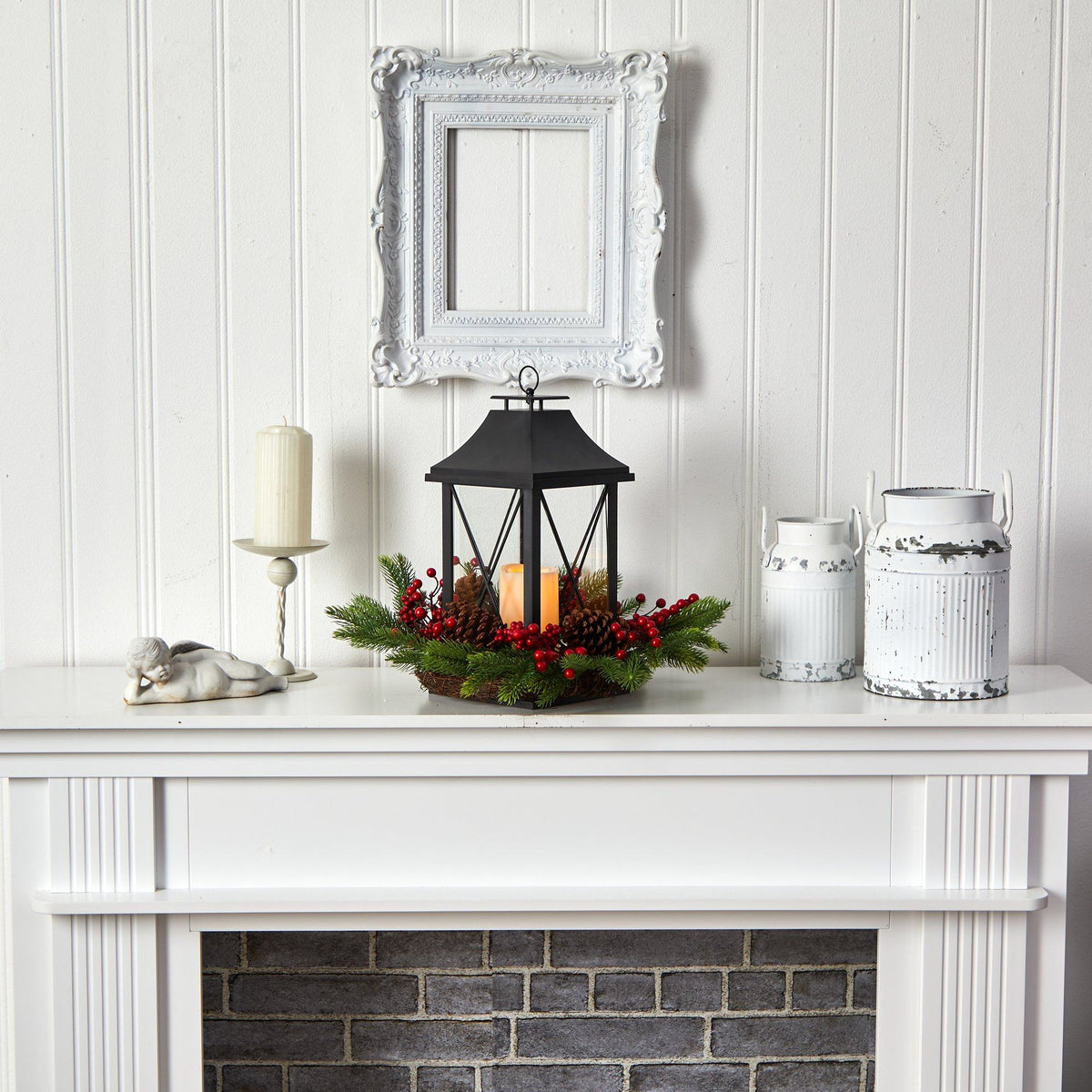 16" Holiday Berries, Pinecones and Greenery with Lantern and Included LED Candle Table Arrangement", photo 4 of 4