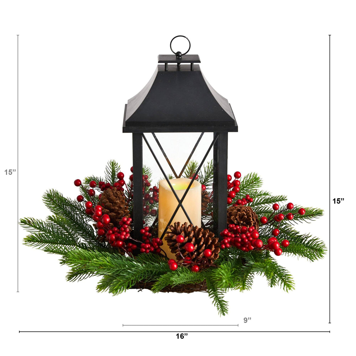 16" Holiday Berries, Pinecones and Greenery with Lantern and Included LED Candle Table Arrangement", photo 2 of 4