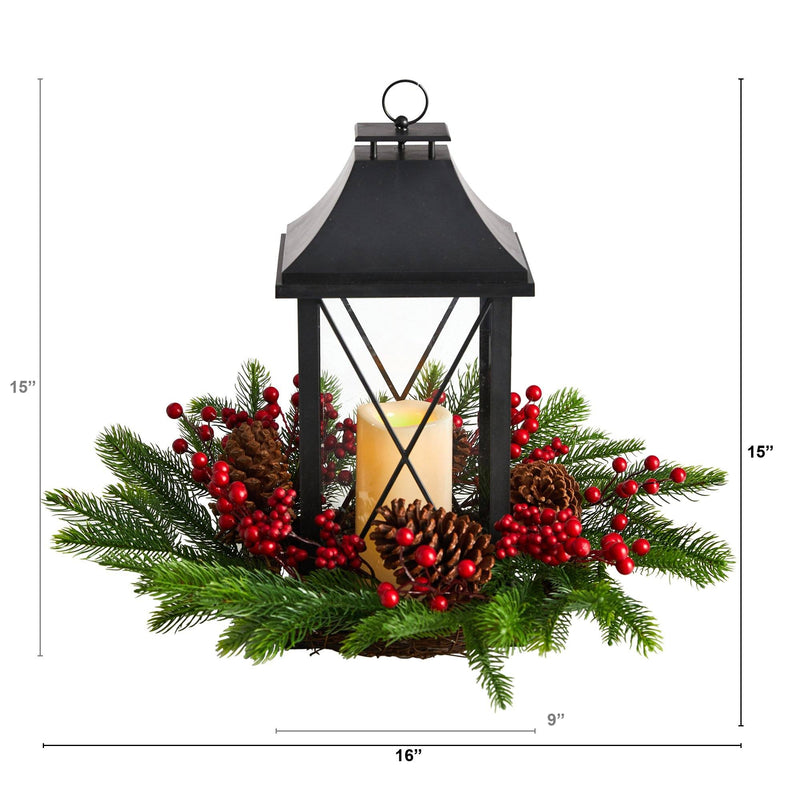 16" Holiday Berries, Pinecones and Greenery with Lantern and Included LED Candle Table Arrangement", photo 2 of 4