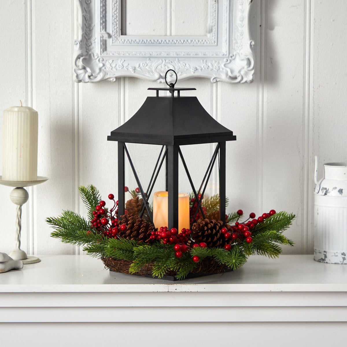 16" Holiday Berries, Pinecones and Greenery with Lantern and Included LED Candle Table Arrangement", photo 3 of 4