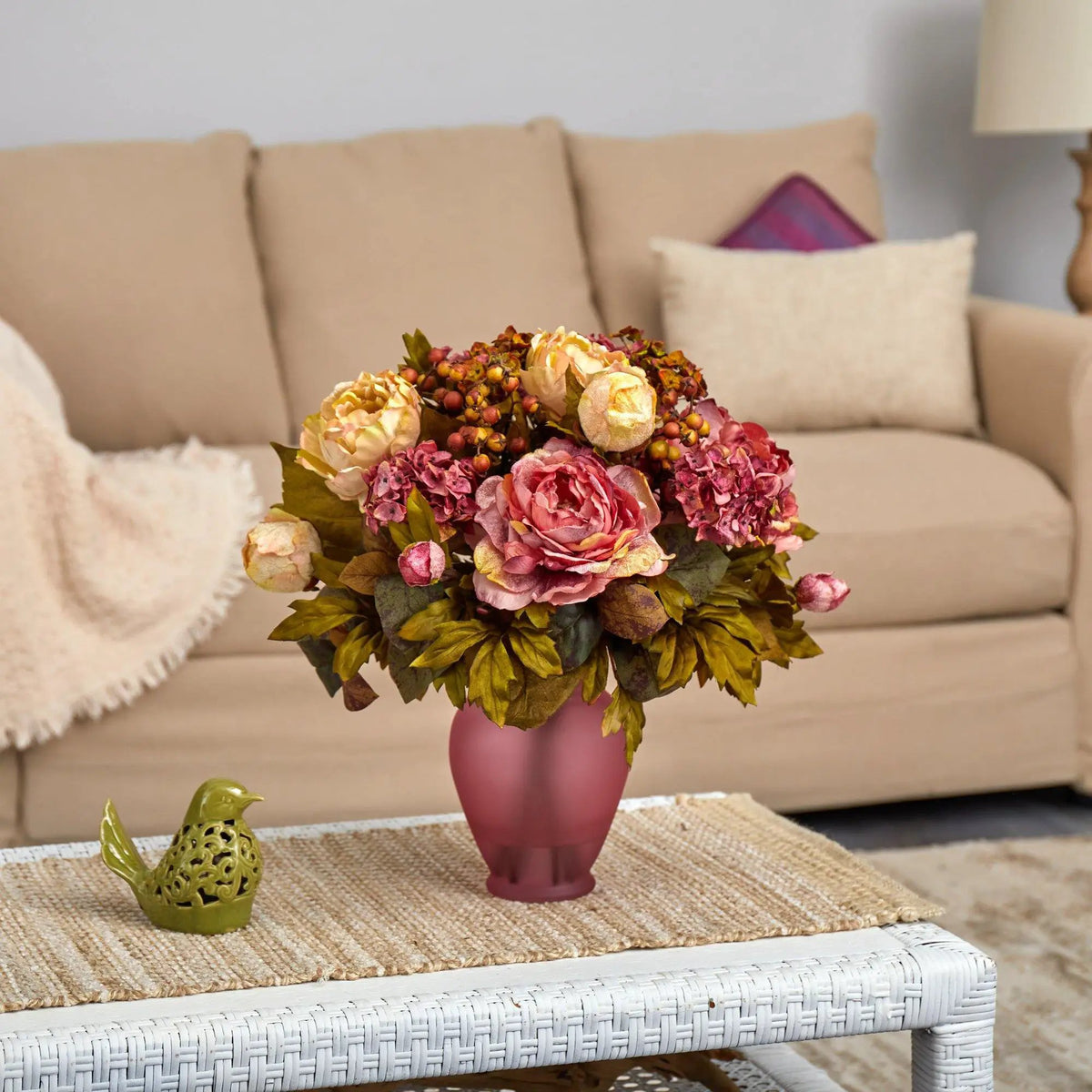 16” Peony Artificial Arrangement in Rose Colored Vase, photo 2 of 3