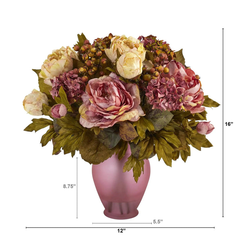 16” Peony Artificial Arrangement in Rose Colored Vase, photo 3 of 3