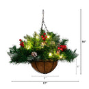 16” Pre-Lit Artificial Pine & Berry Hanging Basket with White LED Lights