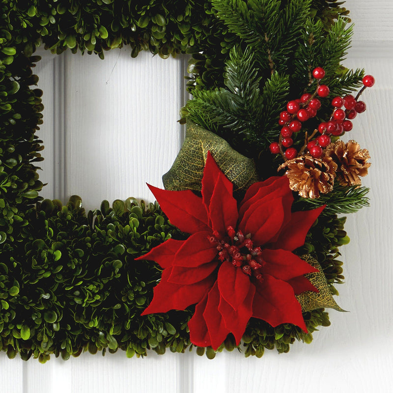 16” Tea Leaf and Poinsettia Artificial Square Wreath, photo 2 of 5