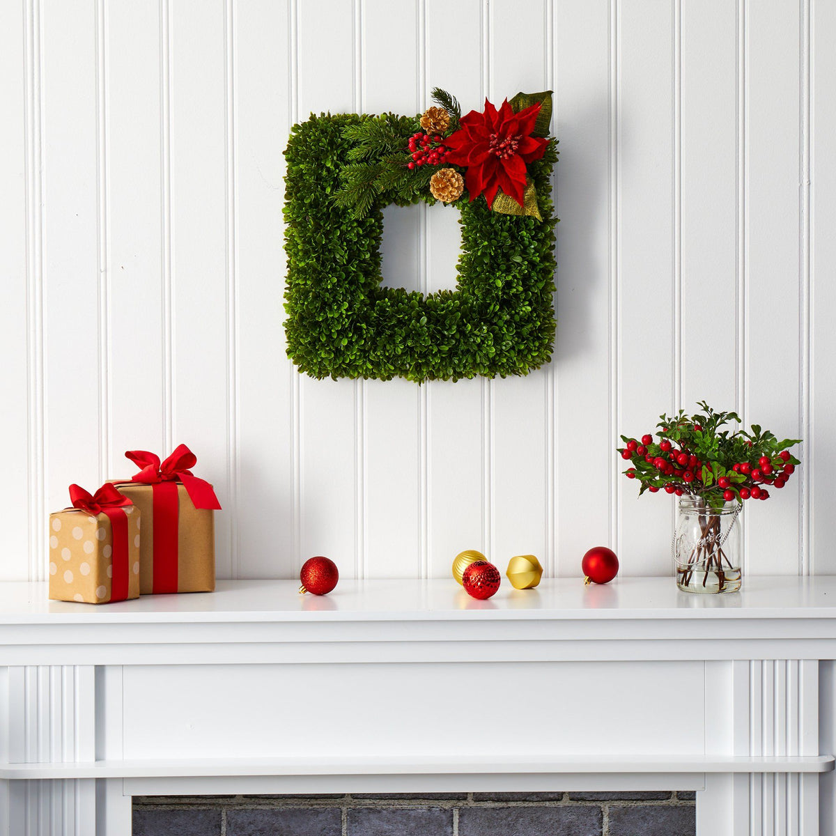 16” Tea Leaf and Poinsettia Artificial Square Wreath, photo 4 of 5