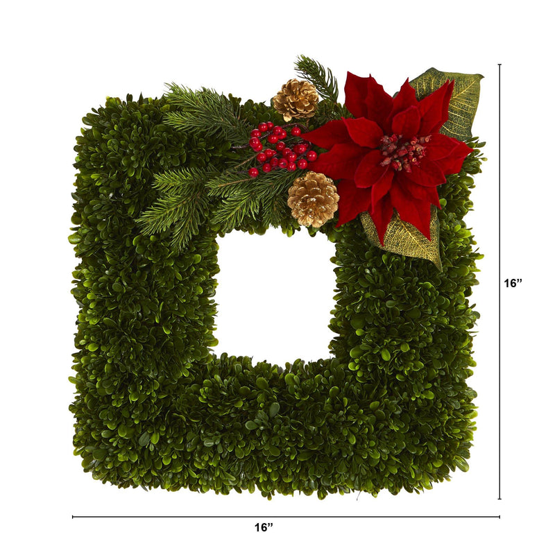 16” Tea Leaf and Poinsettia Artificial Square Wreath, photo 3 of 5