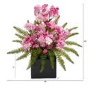 17” Cherry Blossom and Fern Artificial Arrangement in Black Vase