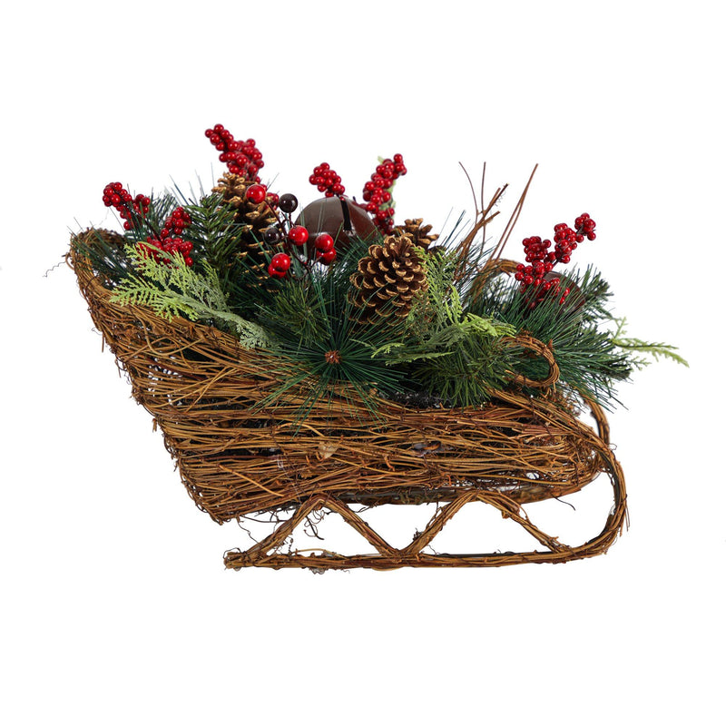 18” Christmas Sleigh with Pine, Pinecones and Berries Artificial Christmas Arrangement