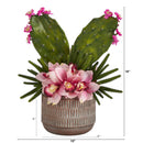 18” Cymbidium Orchid and Cactus Artificial Arrangement in Stoneware Vase