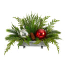 18" Holiday Winter Cedar Pine Artificial Table Christmas Arrangement with Ornaments, Home Décor"