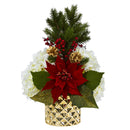 18” Hydrangea, Poinsettia, Berry and Pine Artificial Arrangement in Gold Vase