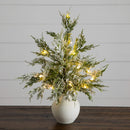 18" Pre-Lit Artificial Mini Snowed Cypress Christmas Tree with 12 LED Lights in  White Ceramic Planter