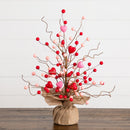 18" Pre-Lit Artificial Valentine's Day Heart & Berry Twig Tree with 30 LED String Lights in Burlap Wrapped Base