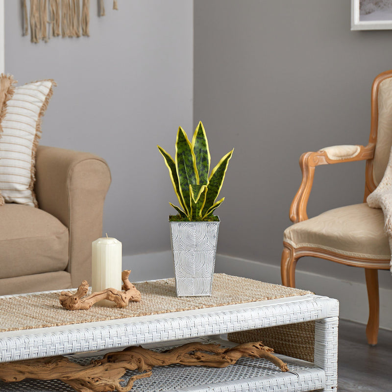 18” Sansevieria Artificial Plant in Embossed White Planter, photo 4 of 4