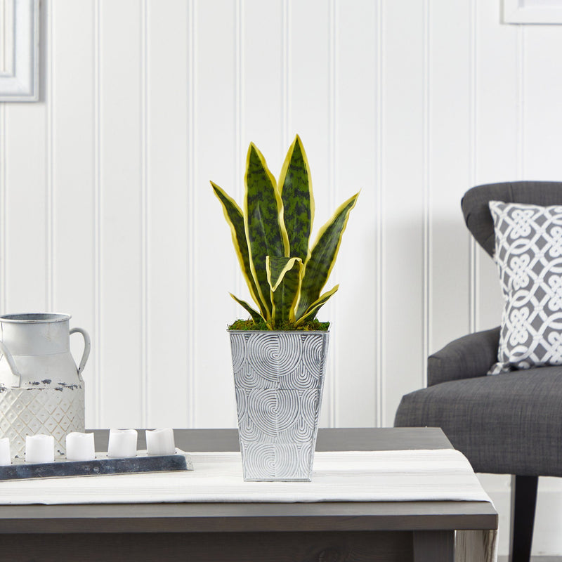 18” Sansevieria Artificial Plant in Embossed White Planter, photo 3 of 4