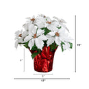 19” Artificial Lush White Poinsettia Arrangement in Red Wrapped Planter