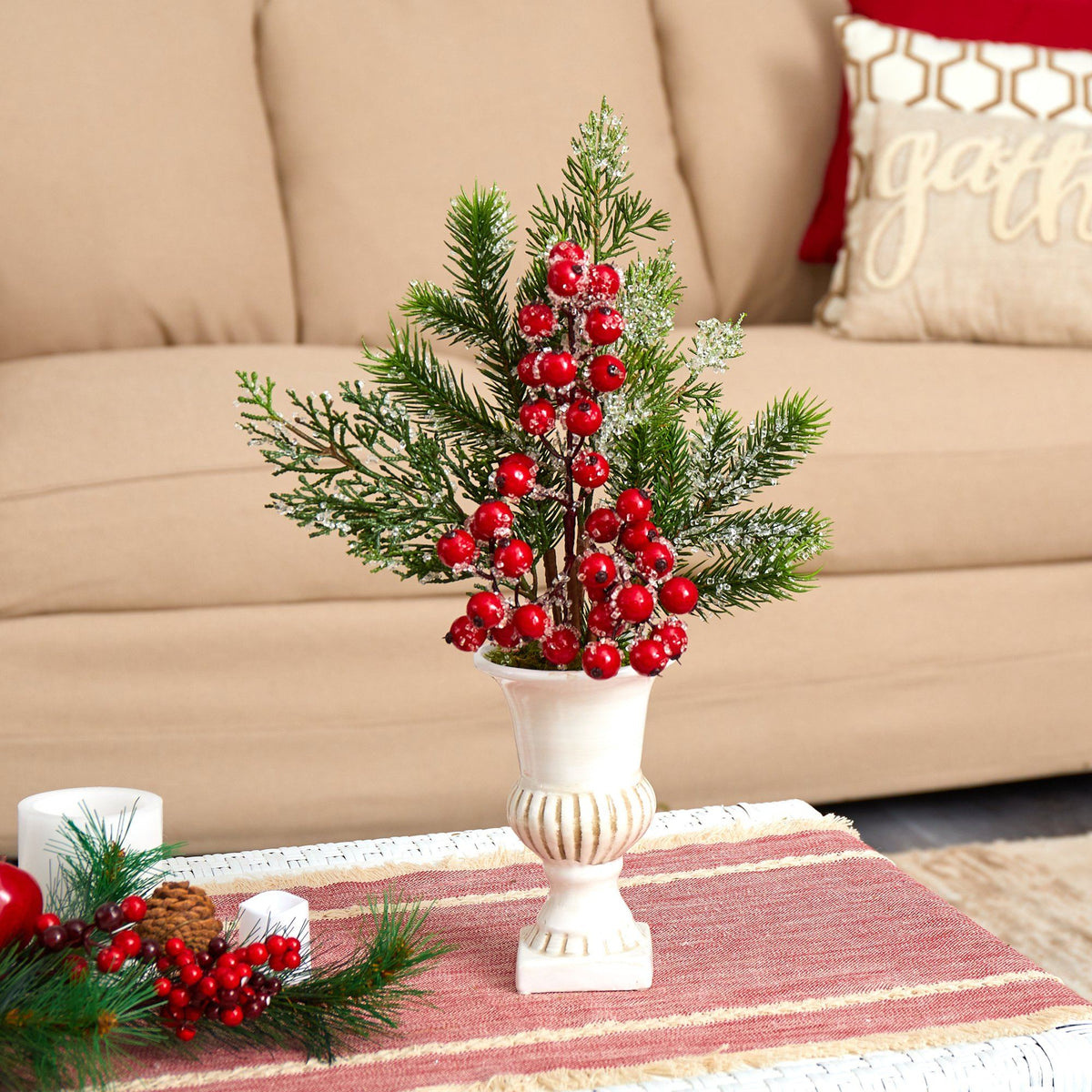 19” Iced Pine and Berries Artificial Arrangement in White Urn, photo 2 of 3