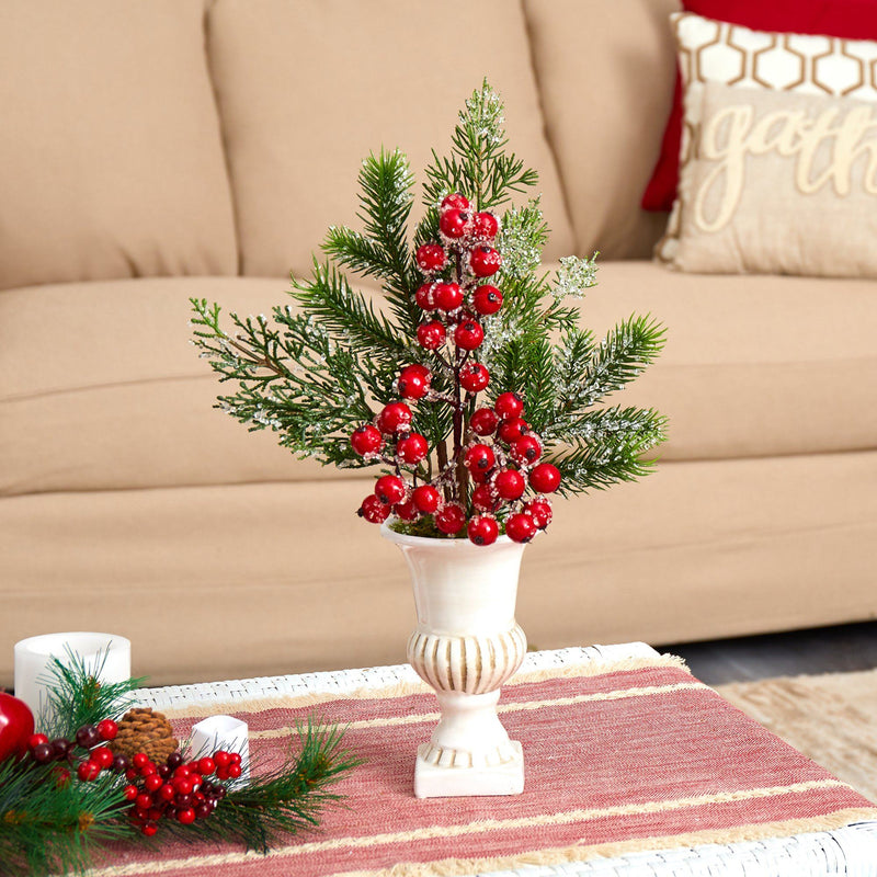 19” Iced Pine and Berries Artificial Arrangement in White Urn, photo 2 of 3
