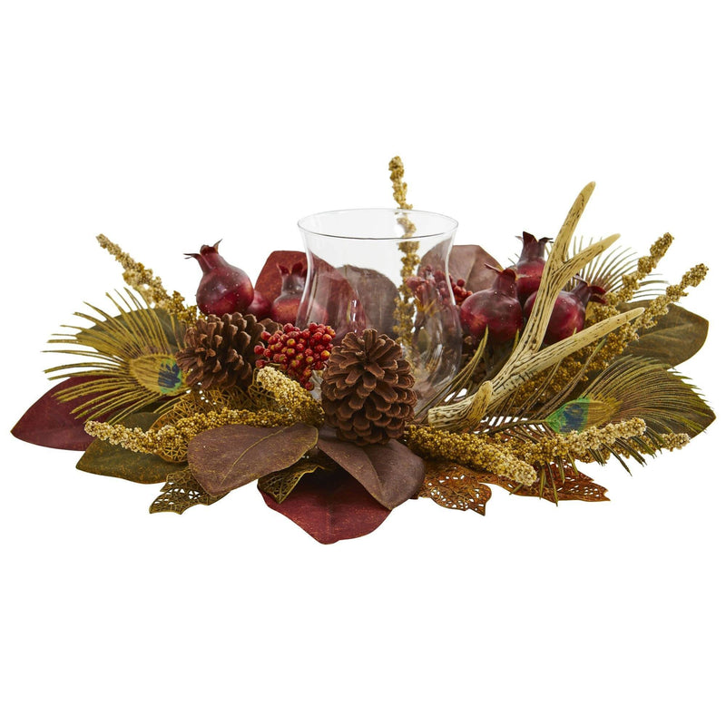 19" Magnolia, Berry, Antler and Peacock Artificial Candelabrum Arrangement