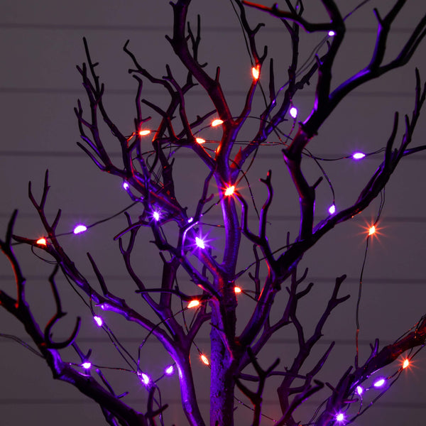 2' Pre-Lit Artificial Halloween Black Spooky Twig Tree with 60 Orange & Purple Copper Wire String LED Lights, photo 2 of 7
