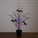 2' Pre-Lit Artificial Black Spooky Twig Tree with Bats and 40 Orange & Purple LED Lights