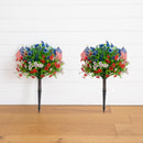 2' UV Resistant Artificial Red, White and Blue Flowering Daisy Bush with Integrated Ground Stake (Indoor/Outdoor) - Set of 2