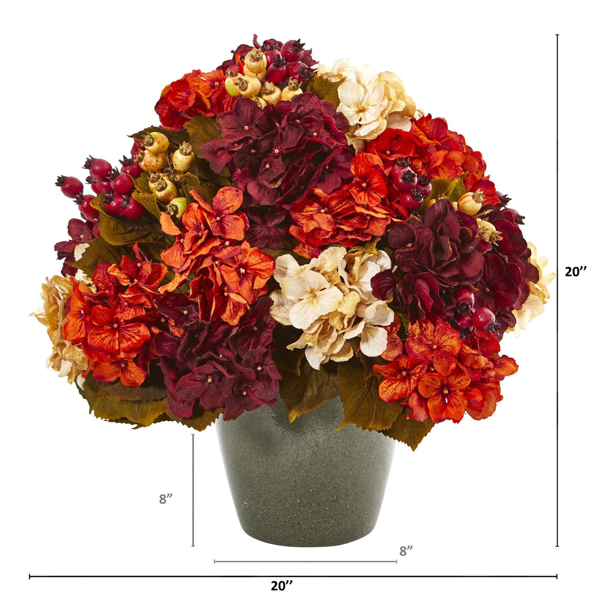 20” Autumn Hydrangea Artificial Arrangement in Green Vase, photo 2 of 2