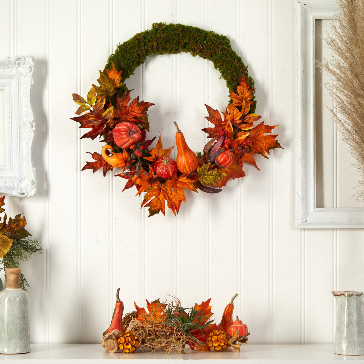 20” Autumn Pumpkin, Gourd and Fall Maple Leaf Artificial Wreath, photo 3 of 5