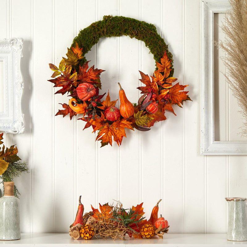 20” Autumn Pumpkin, Gourd and Fall Maple Leaf Artificial Wreath