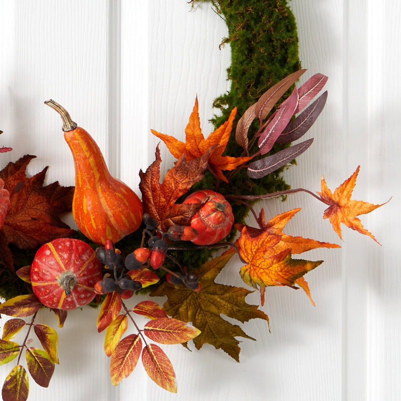 20” Autumn Pumpkin, Gourd and Fall Maple Leaf Artificial Wreath, photo 2 of 5