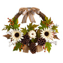 20” Autumn Sunflower, White Pumpkin and Dried Lotus Pod Artificial Fall Wreath with Decorative Bow