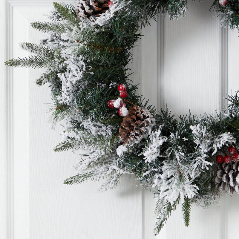 20” Flocked Mixed Pine Artificial Christmas Wreath with 50 LED Lights, Pine Cones and Berries