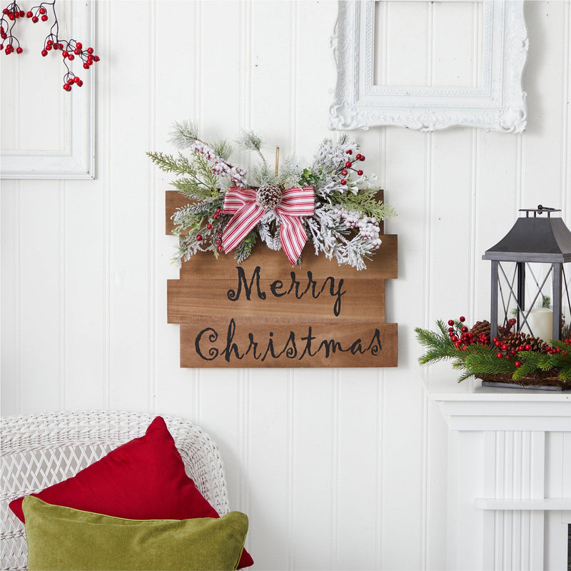 20" Holiday Merry Christmas Door Wall Hanger with Pine and Berries Stripped Bow Wall Art Décor"