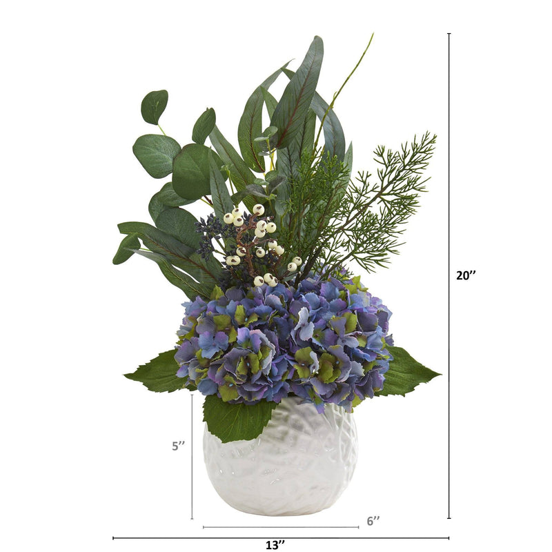 20” Hydrangea and Eucalyptus Artificial Arrangement in White Vase, photo 2 of 2