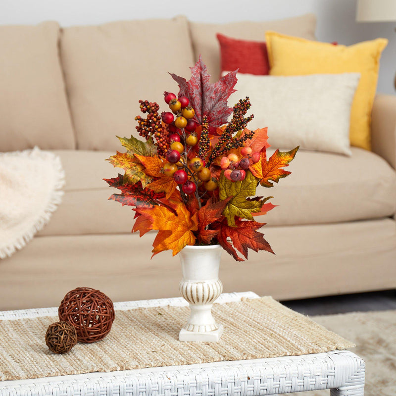 20” Maple Leaf and Berries Artificial Arrangement in White Urn, photo 2 of 3