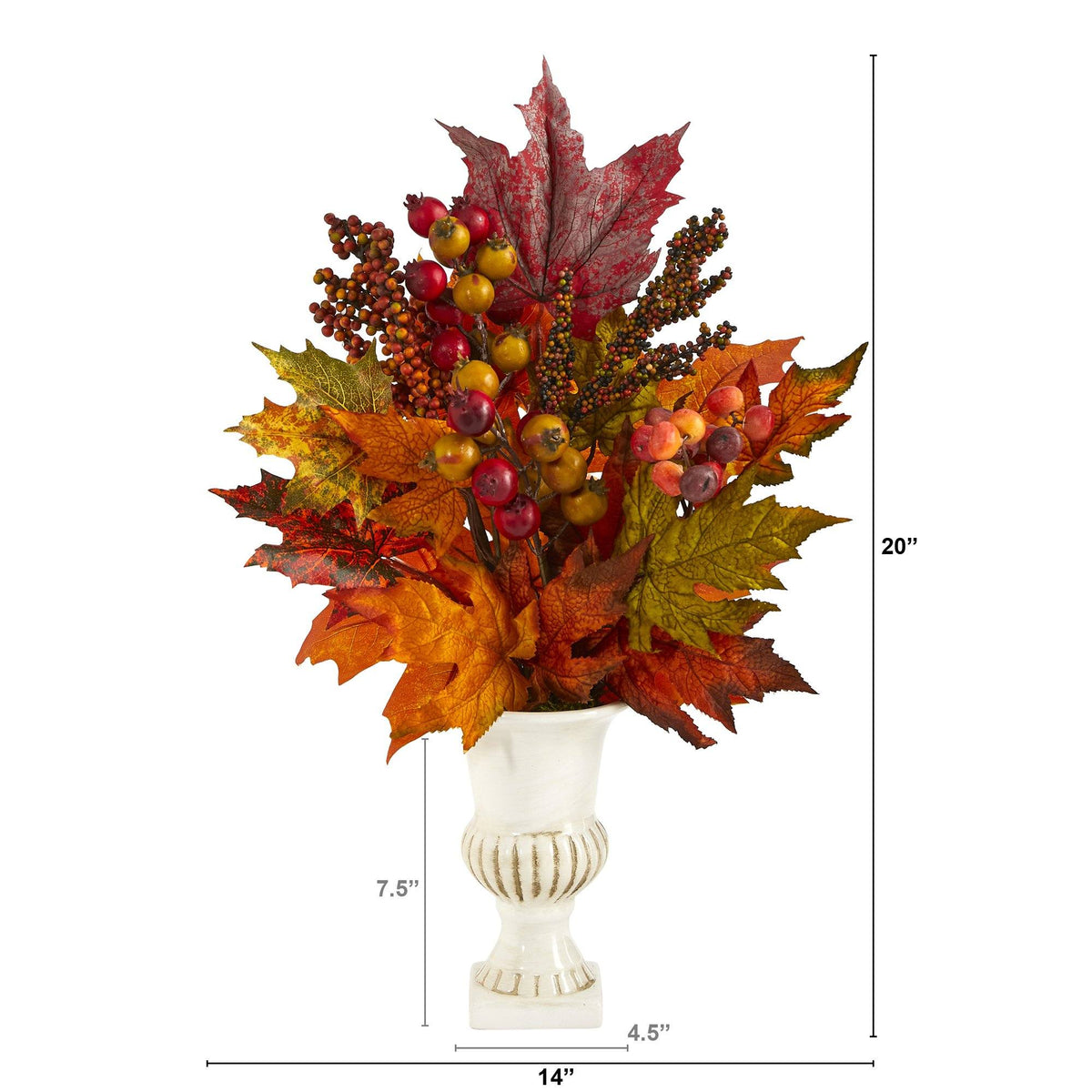20” Maple Leaf and Berries Artificial Arrangement in White Urn, photo 3 of 3