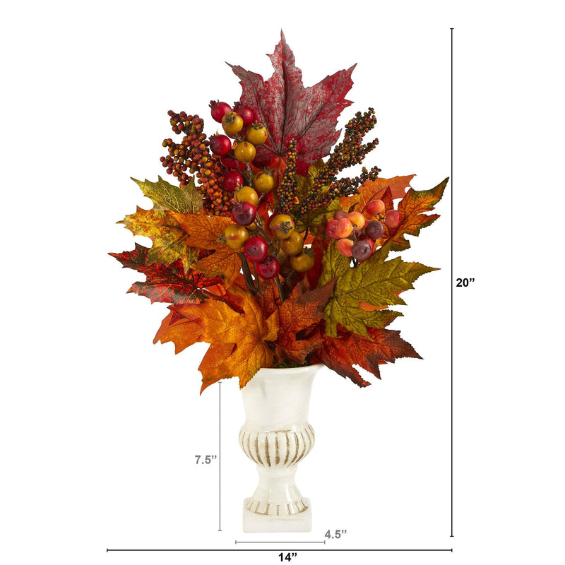 20” Maple Leaf and Berries Artificial Arrangement in White Urn, photo 3 of 3