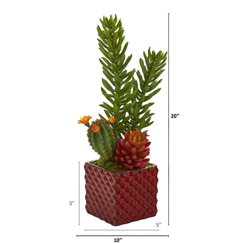 20” Mixed Succulent Artificial Plant in Red Ceramic Vase, photo 2 of 2