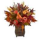 21” Pumpkin, Maple Leaf and Sorghum Harvest Artificial Arrangement in Metal Planter