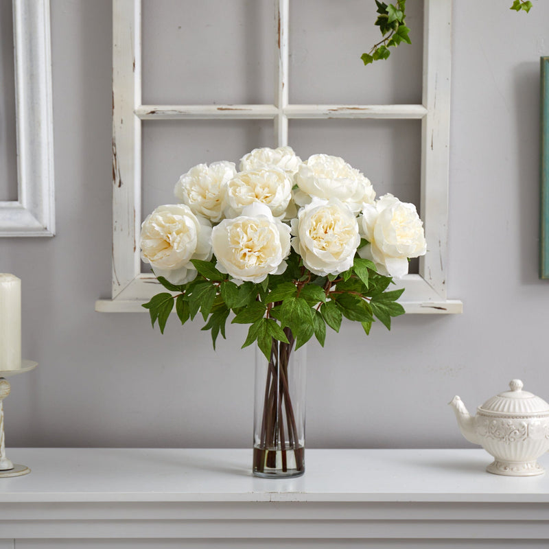 22” Artificial Peony Arrangement with Cylinder Glass Vase