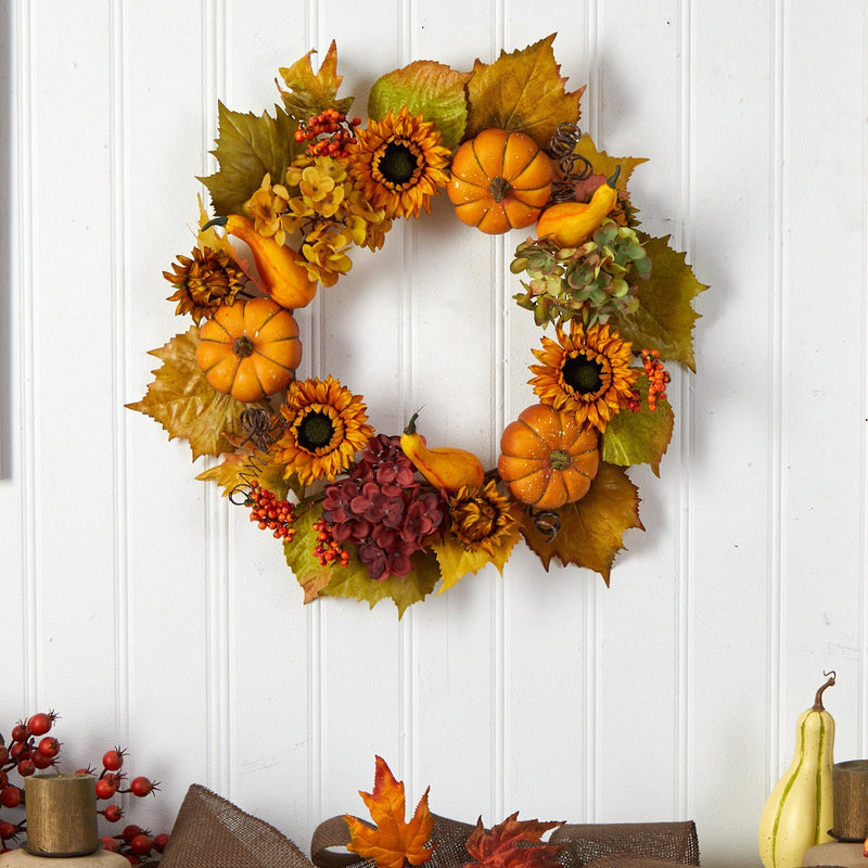 22” Autumn Hydrangea, Pumpkin and Sunflower Artificial Fall Wreath, photo 3 of 5