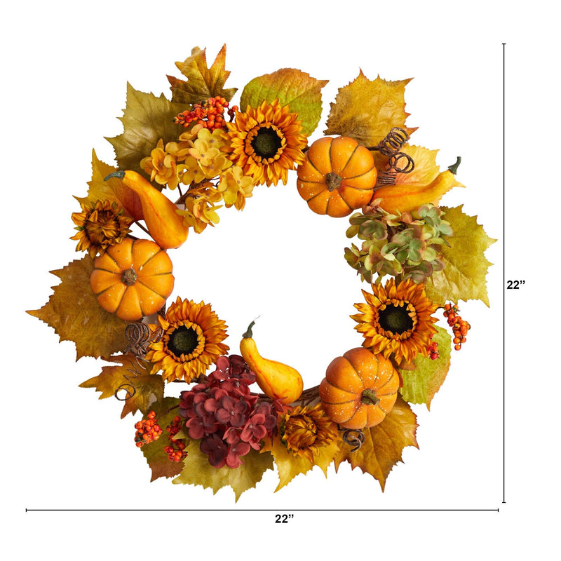 22” Autumn Hydrangea, Pumpkin and Sunflower Artificial Fall Wreath, photo 4 of 5