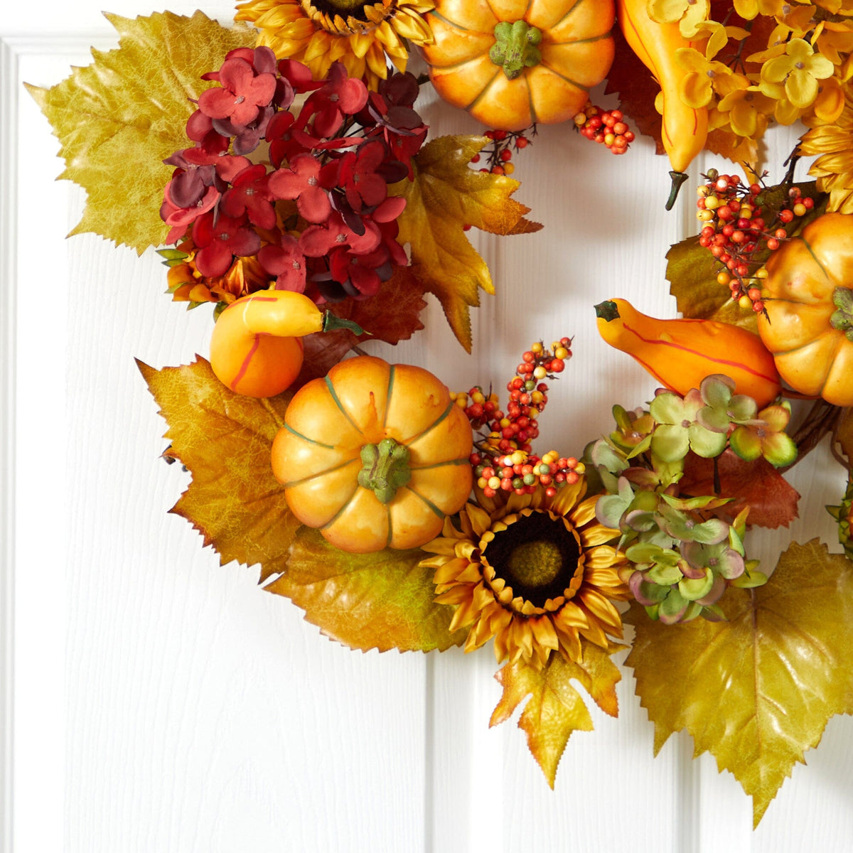 22” Autumn Hydrangea, Pumpkin and Sunflower Artificial Fall Wreath, photo 2 of 5