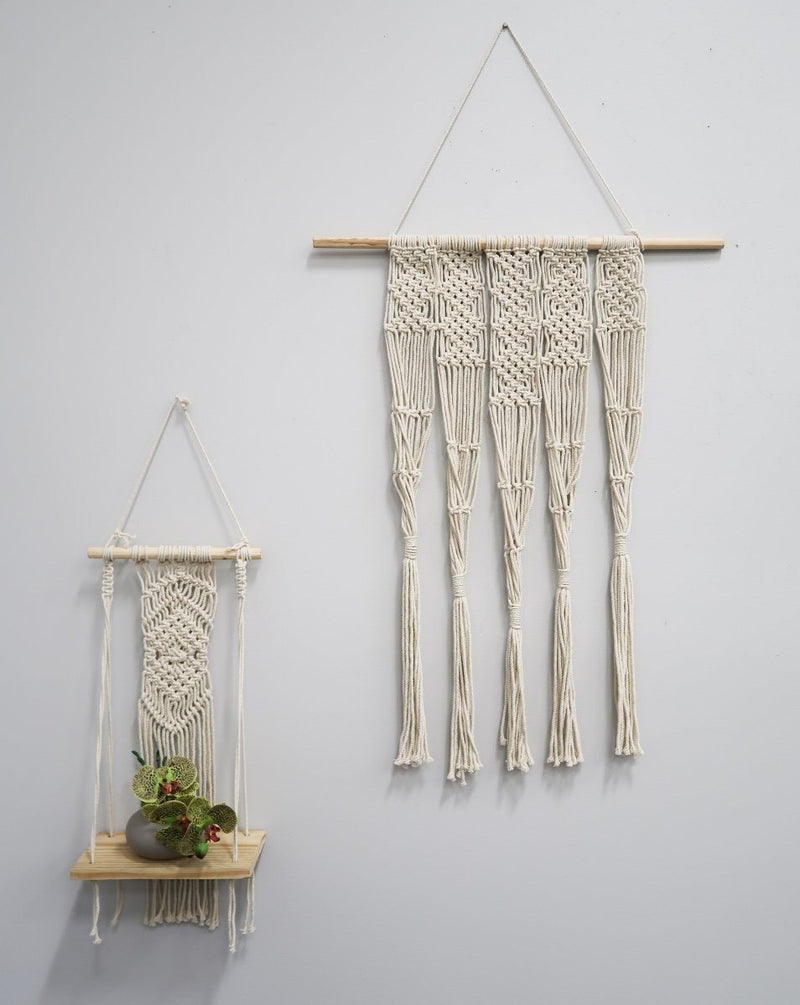 22” Boho Chic Wood Macrame Shelf with Diamond Weave