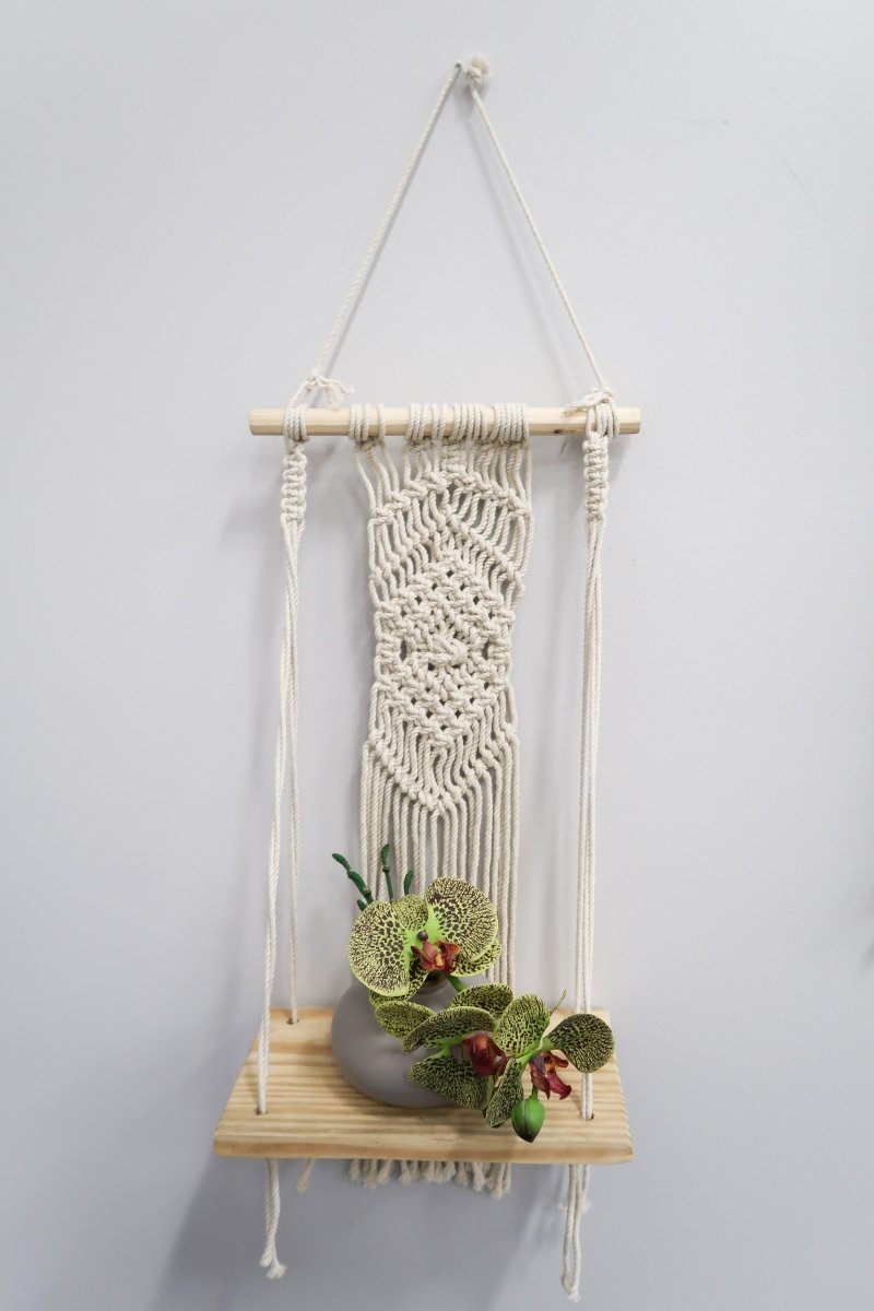 22” Boho Chic Wood Macrame Shelf with Diamond Weave, photo 3 of 6