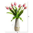 22” Dutch Tulip Artificial Arrangement in Stoneware Vase with Gold Trimming