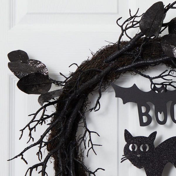 22” Halloween Black Cat and Bat Boo Twig Wreath, photo 2 of 6