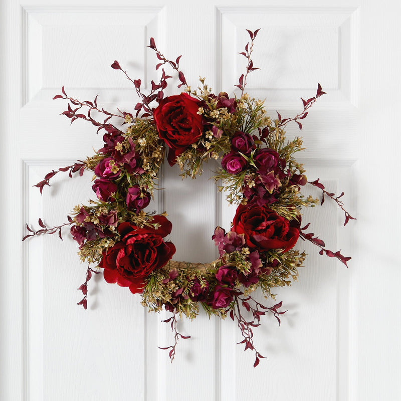 22” Peony and Rose Artificial Wreath, photo 2 of 3